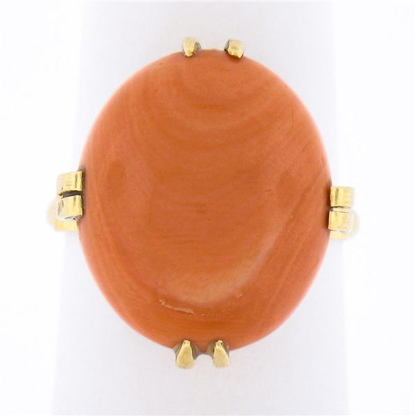 Vintage 18K Gold Cabochon Pinkish-Orange Natural Coral Open Work Solitaire Ring