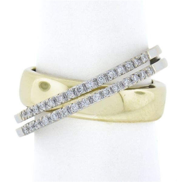 18k TT Gold 0.25 ctw Pave Diamond & Polished Multi Row Crossover Wide Band Ring
