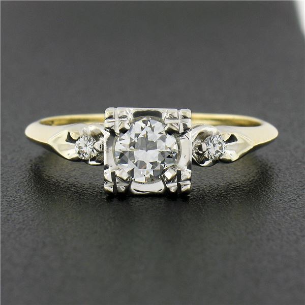 Mid Century 14K TT Gold 0.52 ctw Old European Diamond Three Stone Engagement Rin