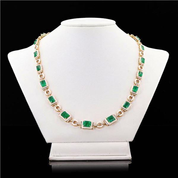 23.54 ctw Emerald and 2.04 ctw Diamond 14K Yellow Gold Necklace with White Ename