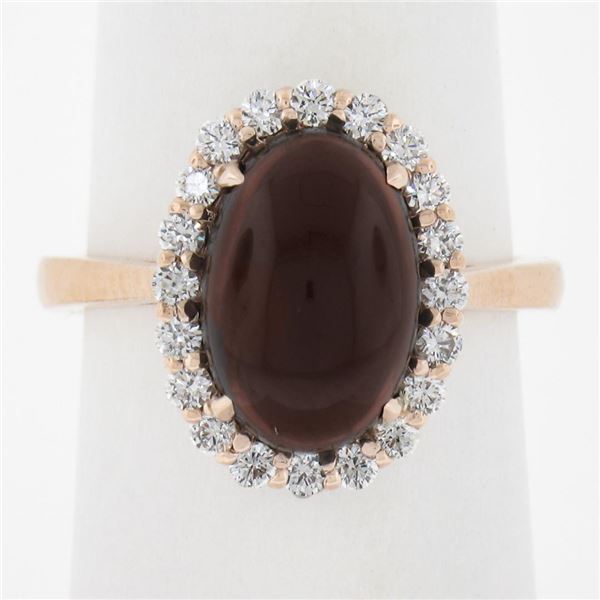New 14K Rose Gold 5.47 ctw Oval Cabochon Garnet Solitaire Diamond Halo Ring