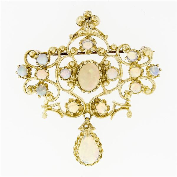 Vintage 14k Yellow Gold 2.02 ctw Cabochon Dangle Teardrop Australian Opal Pin Br