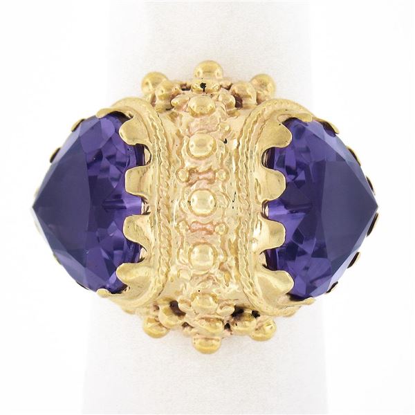 Vintage Victorian Revival 14k Gold Dual Amethyst Bead Work Twin Heart Dome Ring