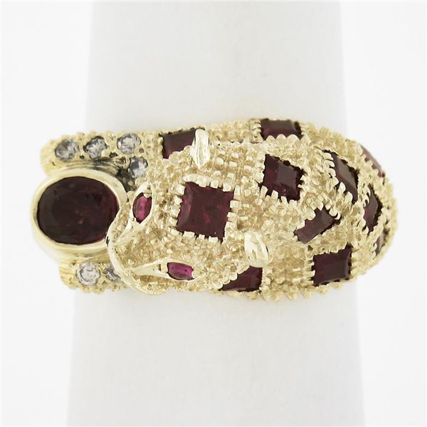 14k Yellow Gold 1.60 ctw Ruby & Diamond 3D Textured Spotted Leopard Cocktail Rin