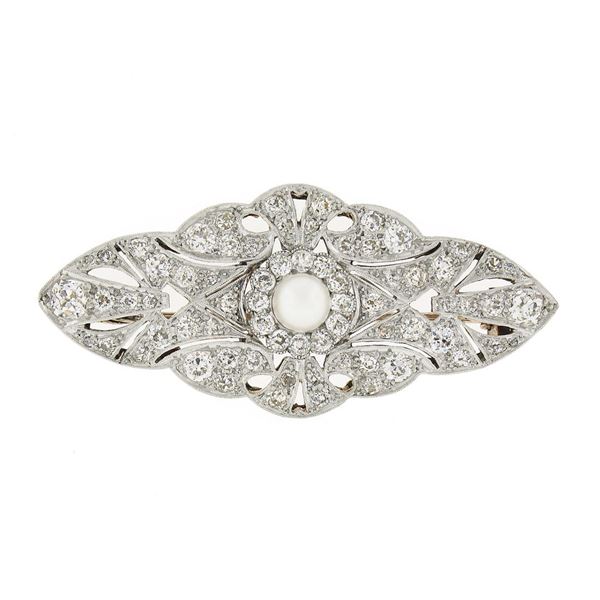 Antique Edwardian 18k & Platinum Pearl 3.6 ctw Old Cut Diamond Milgrain Pin Broo