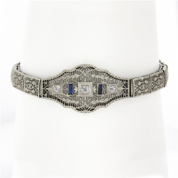 Antique Art Deco 14k White Gold Diamond & Sapphire Open Filigree Link Bracelet