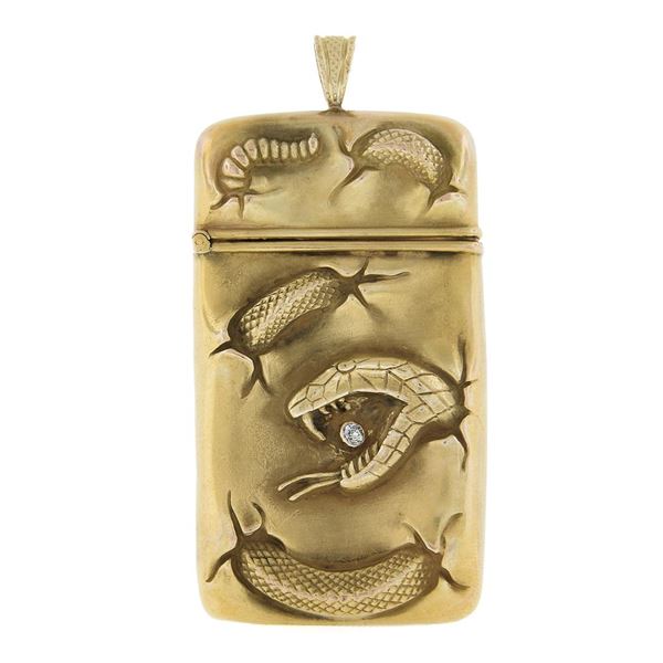 Art Nouveau Repoussï¿½ Snake 18k Gold Open Match Striker Box Pendant w/ Diamond