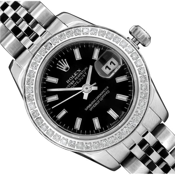 Rolex Quickset Ladies Stainless Steel Black Diamond Bezel Hidden Clasp Jubilee D