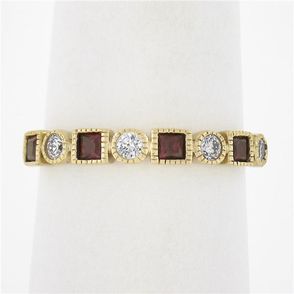 Estate 14k Yellow Gold Diamond & Synthetic Ruby Milgrain Bezel Stack Band Ring