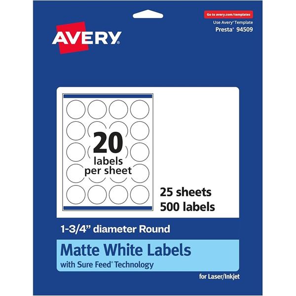 AVERY 4 INCH DIAMETER ROUND MATTE WHITE ROUND CARD