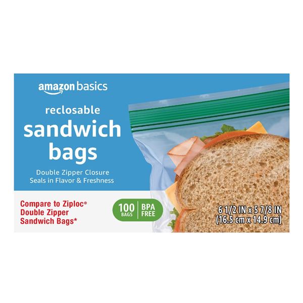 NEW WITH BOX 100 BAGS AMAZON BASICS SANDWICH BAGS