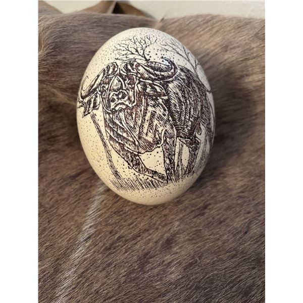 Ostrich Egg - Hand Crafted Scrimshaw Cape Buffalo Ostrich Egg from Zimbabwe