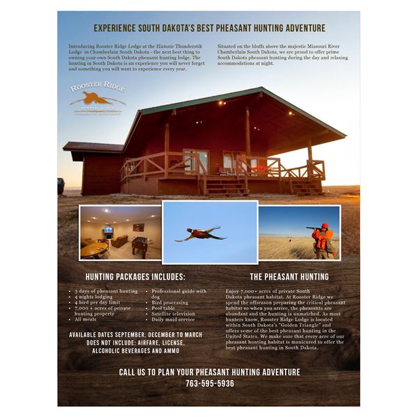 South Dokota Pheasant Hunt Package - 4-Hunters, 3 days & 4 nights,