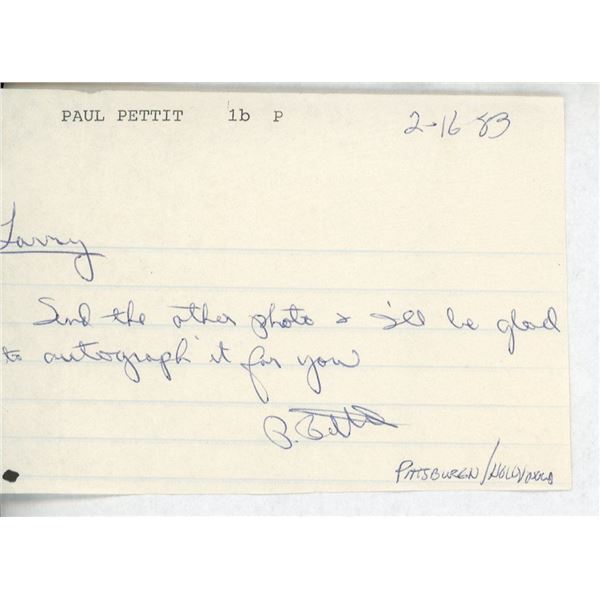 Baseball legend Paul Pettit signed note
