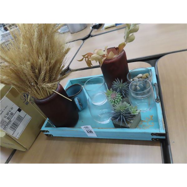 Blue Painted Tray w/Asst. Floral Décor