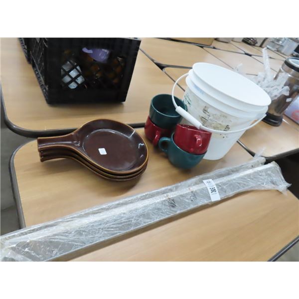 Soup Mugs, Earth Tone Bowls, Stainless Steel Supports, Coffee Mugs, Creamers