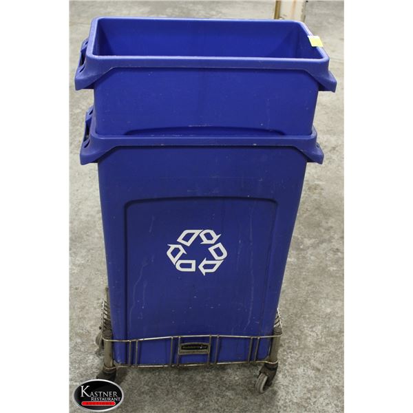 TWO RECYCLING BINS W/ ONE CART ON CASTORS