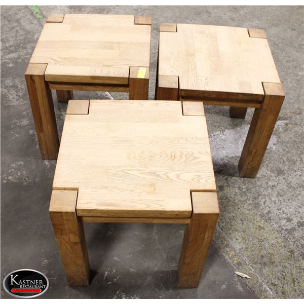 3 HEAVY WOOD END TABLES 19" X 19" X 19"