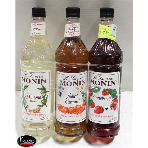 3 ASSORTED 1L BOTTLES OF MONIN SYRUPS