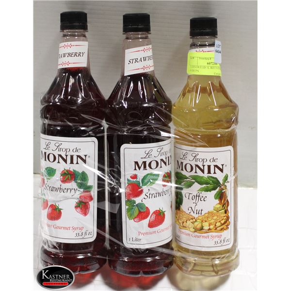 3 ASSORTED 1L BOTTLES OF MONIN SYRUPS