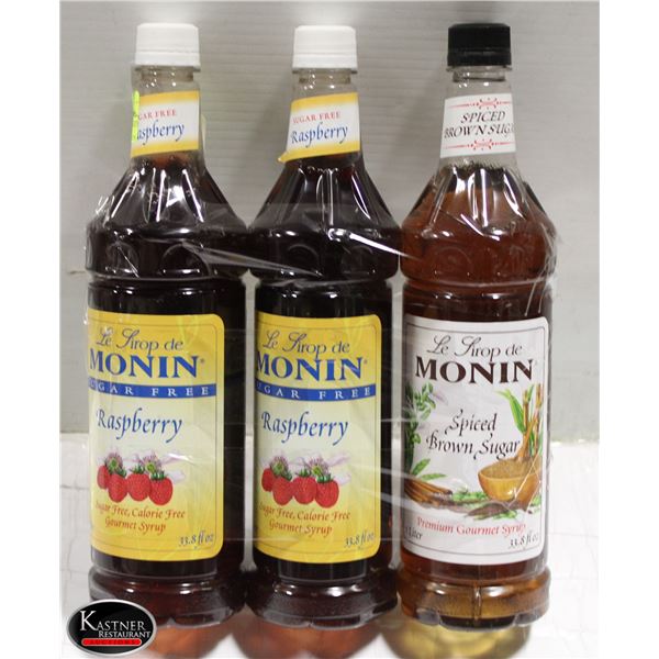 3 ASSORTED 1L BOTTLES OF MONIN SYRUPS