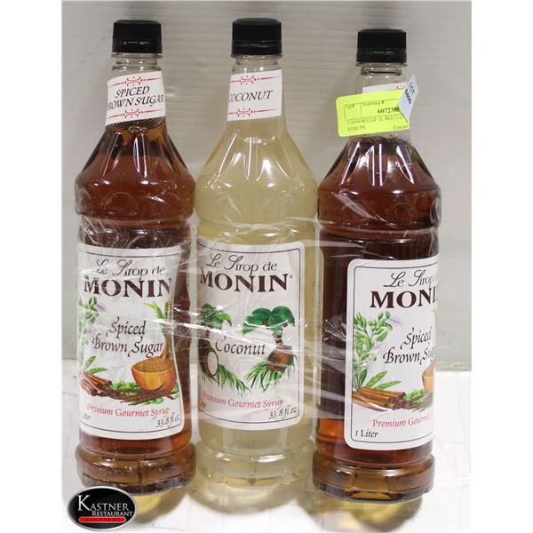 3 ASSORTED 1L BOTTLES OF MONIN SYRUPS