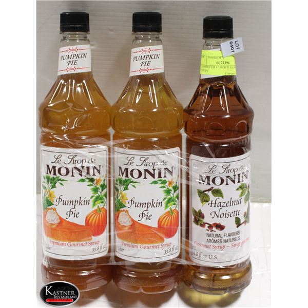 3 ASSORTED 1L BOTTLES OF MONIN SYRUPS