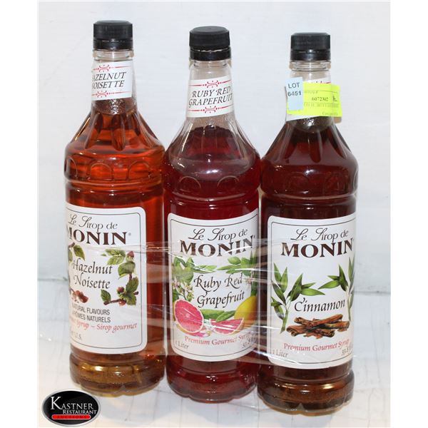 3 ASSORTED 1L BOTTLES OF MONIN SYRUPS