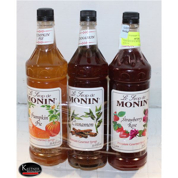 3 ASSORTED 1L BOTTLES OF MONIN SYRUPS