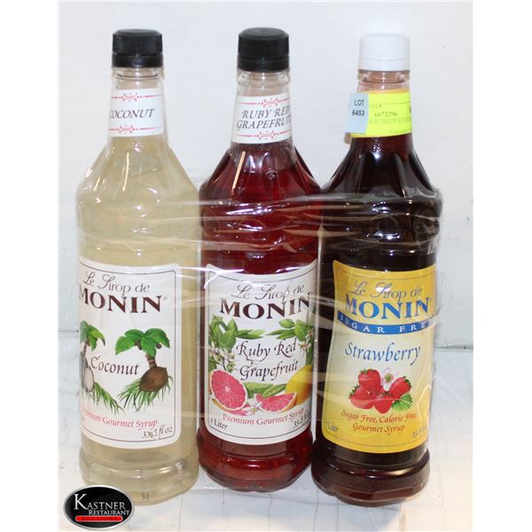 3 ASSORTED 1L BOTTLES OF MONIN SYRUPS