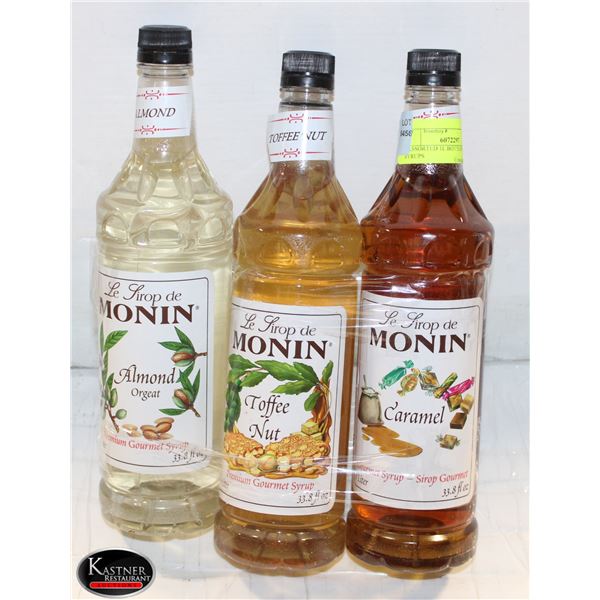 3 ASSORTED 1L BOTTLES OF MONIN SYRUPS