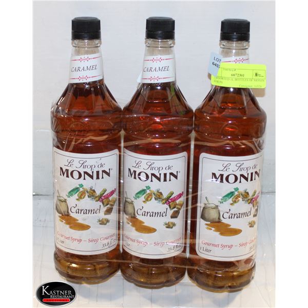 3 ASSORTED 1L BOTTLES OF MONIN SYRUPS