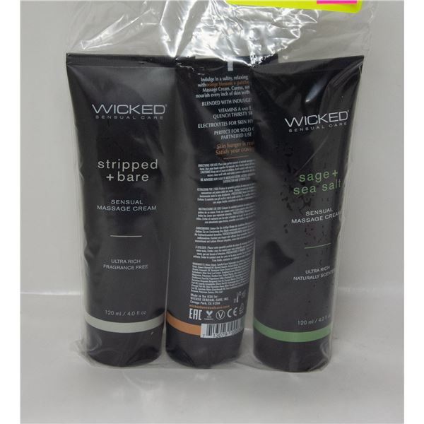 3 BOTTLES OF WICKED STRIPPED + BARE MASSAGE CREAM
