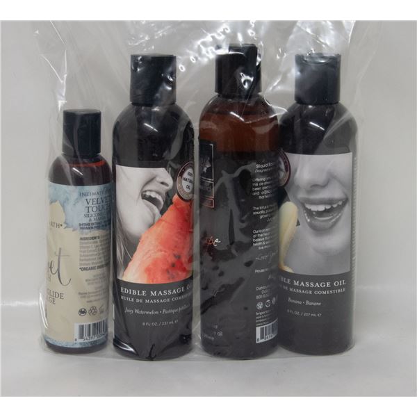4 BOTTLES OF MASSAGE OIL - 3 BOTTLES ARE EDIBLE