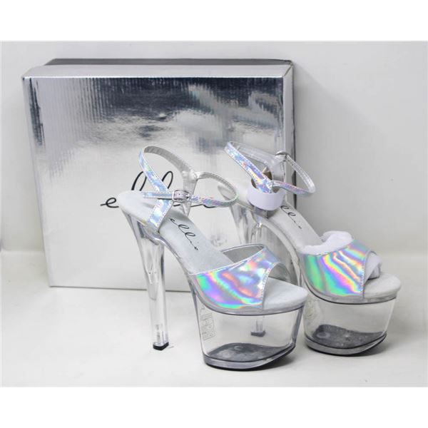 ELLIE 7" HEEL SILVER HOLOGRAM SANDAL SIZE 7
