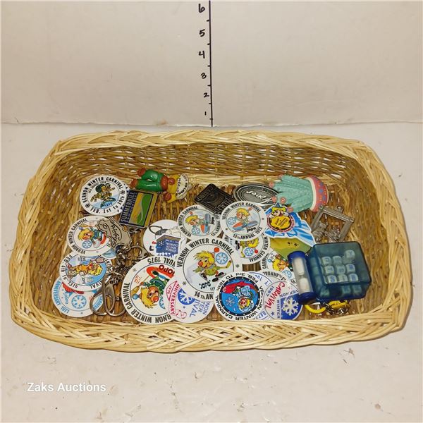 Wicker Basket Full of Vintage Pins Keychains Etc