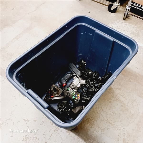 Plastic Tote of Various Gaming Controllers