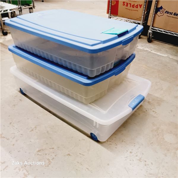 Lot of 3 Long Under The Bed Plastic Storage Totes