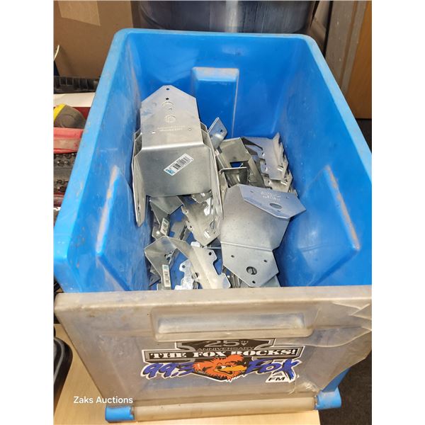 Plastic Bin of Wood Tie Fastners, Joints Etc