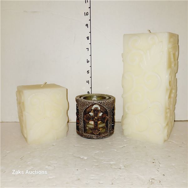 Two Square Pillar Candles & "Cross" Candle Holder