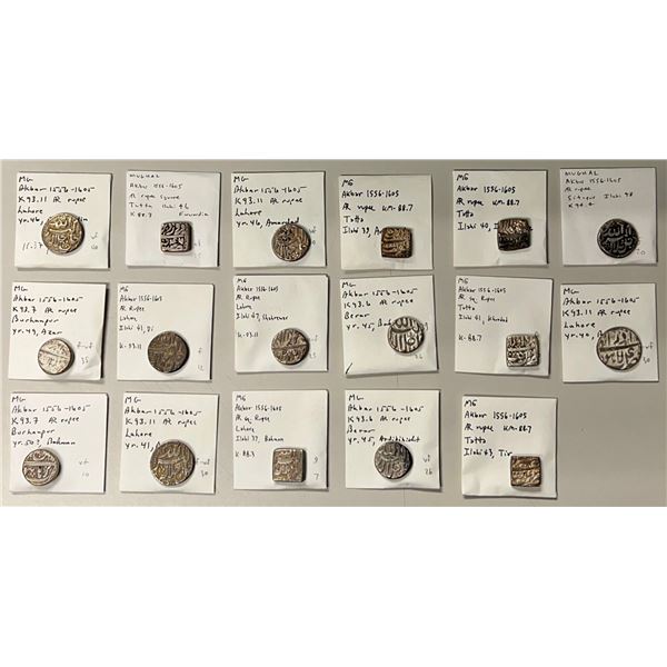 MUGHAL: Akbar I, 1556-1605, LOT of 17 silver rupees