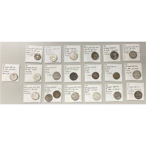 MUGHAL: Aurangzeb, 1658-1707, LOT of 19 silver rupees