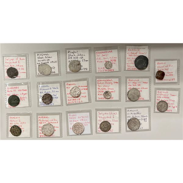 MUGHAL, ISLAMIC, etc.: LOT of 13 silver & 4 copper coins