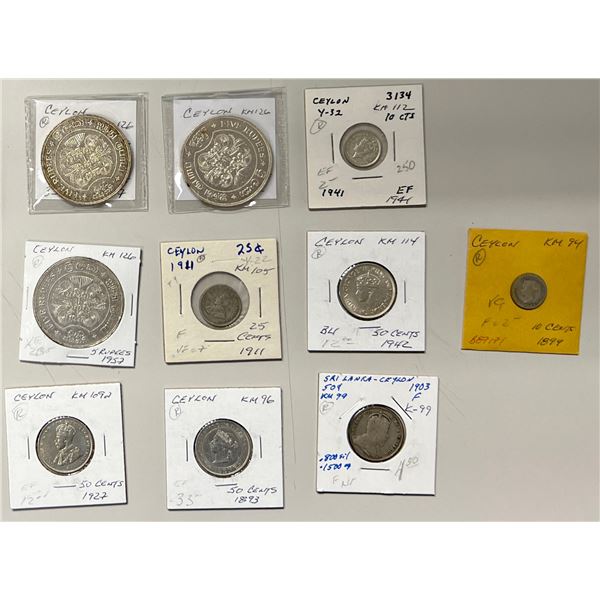 CEYLON: LOT of 10 silver coins