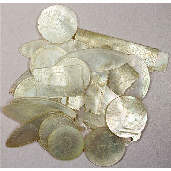 CHINA: LOT of 27 mother of pearl tokens
