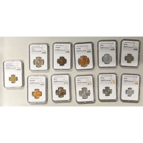 WORLDWIDE: LOT of 11 certified coins
