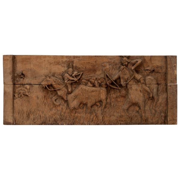 Native American Hunting Scene Carved Relief