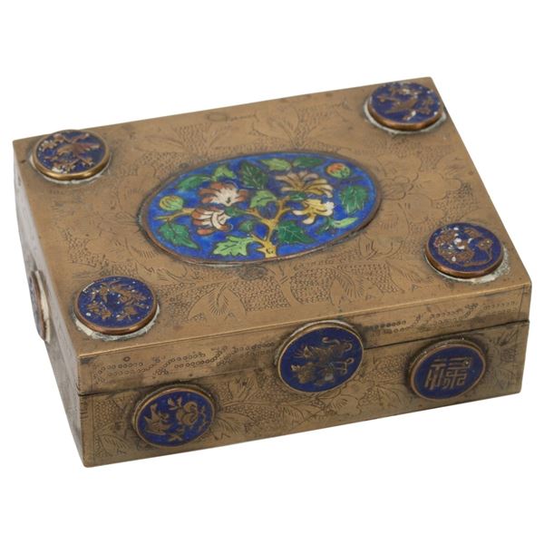 Antique Chinese Brass Wood Cloissone Cigarette Box