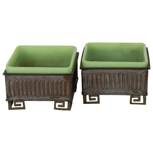 Pair Art Deco Chinese Jadeite Metal Planters
