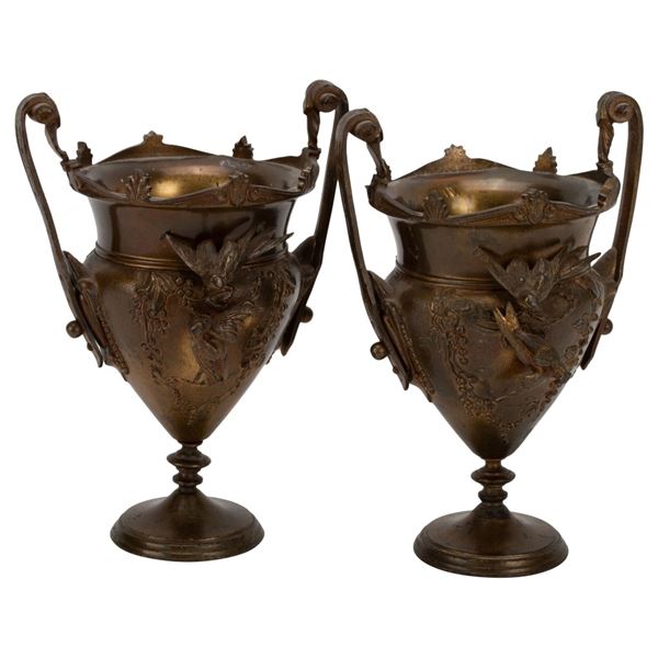 Antique Gilt Bronze Handled Urn Pair